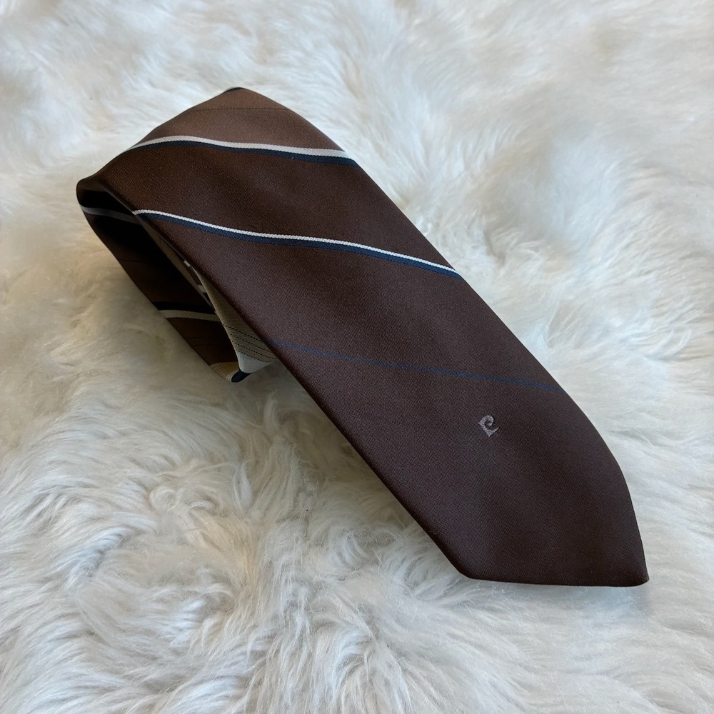 Vtg Pierre Cardin Mens Tie Brown Tan Navy Blue Striped Made in Italy Polyester